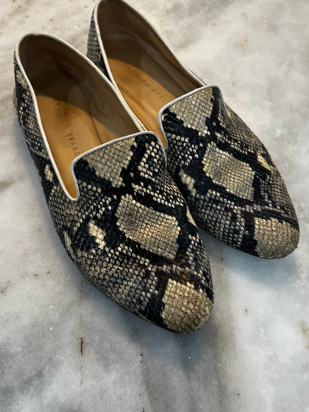 Veronica Beard Snake-Print Loafers in Black and Tan